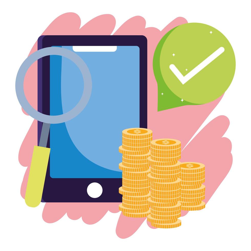 onlinebetalning, smartphonehög med mynt bock, e-handelsmarknadsshopping, mobilapp vektor