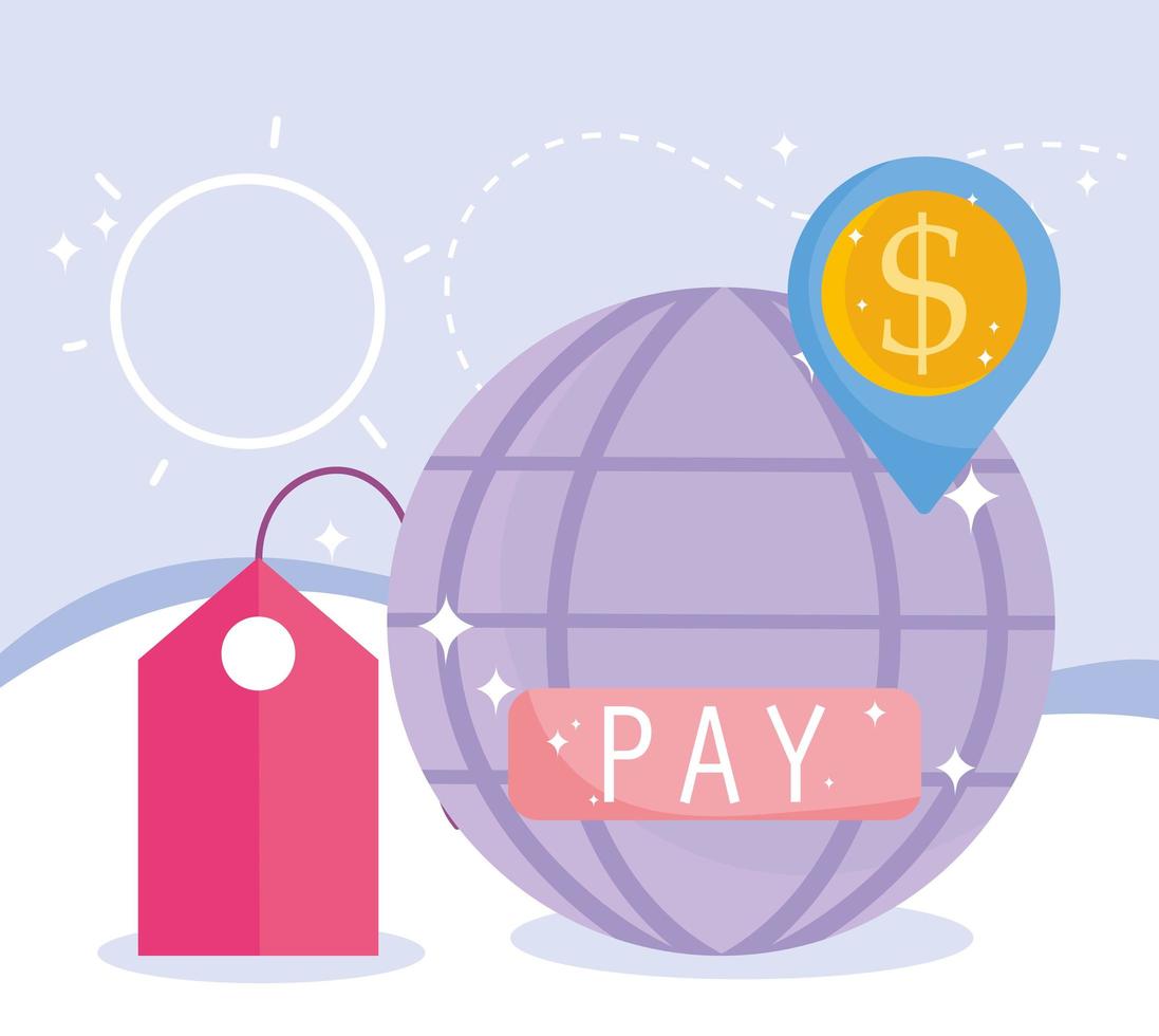 onlinebetalning, världsetikett pris platsnavigering pengar, e-handelsmarknadsshopping, mobilapp vektor