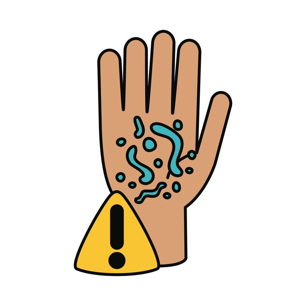 covid 19 coronavirus, infekterad hand varning, förebyggande spridning av sjukdomen pandemi platt stilikon vektor
