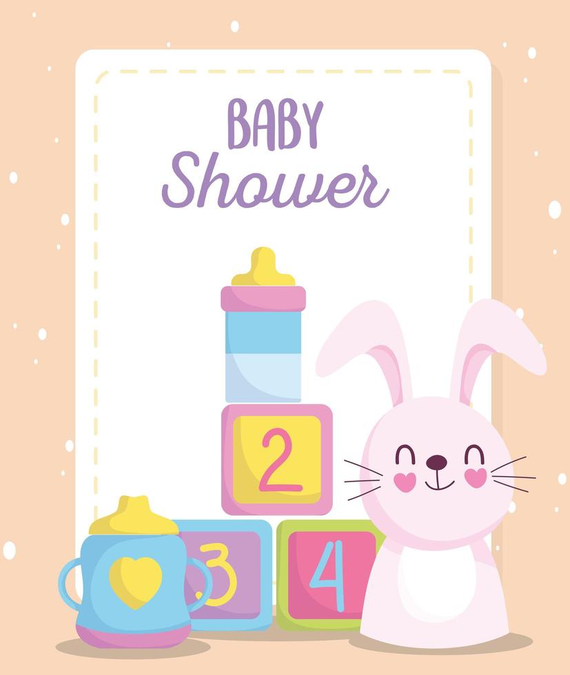 Babyparty, süße Hasenwürfel und Flaschennahrung, Neugeborenen-Willkommenskarte ankündigen vektor