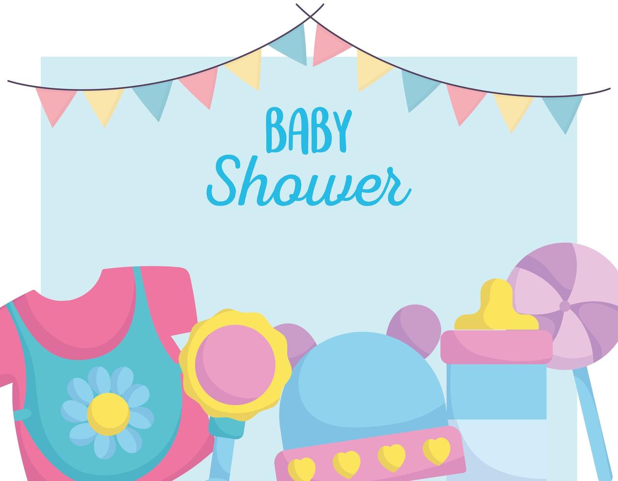 baby shower, hattflaska skallra klänning tecknad, tillkännage nyfödd välkomstkort vektor