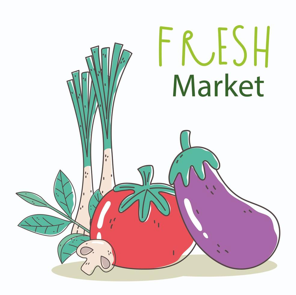 Auberginen Tomaten und Zwiebeln Frischmarkt Bio gesunde Lebensmittel mit Obst und Gemüse vektor