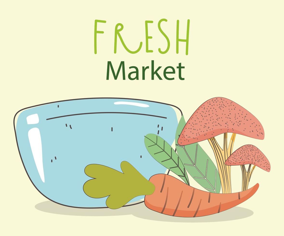 maträtt skål morot och svamp färska marknaden organisk hälsosam mat med frukt och grönsaker vektor
