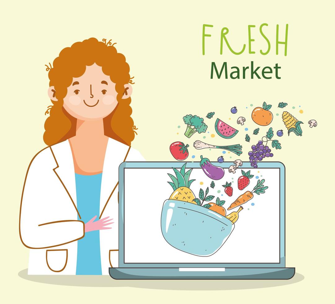dietist läkare färska marknaden laptop ekologisk hälsosam mat med frukt och grönsaker vektor