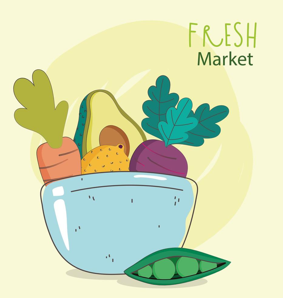 Schüssel Avocadobrot Auberginen Frischmarkt Bio gesundes Essen mit Obst und Gemüse vektor