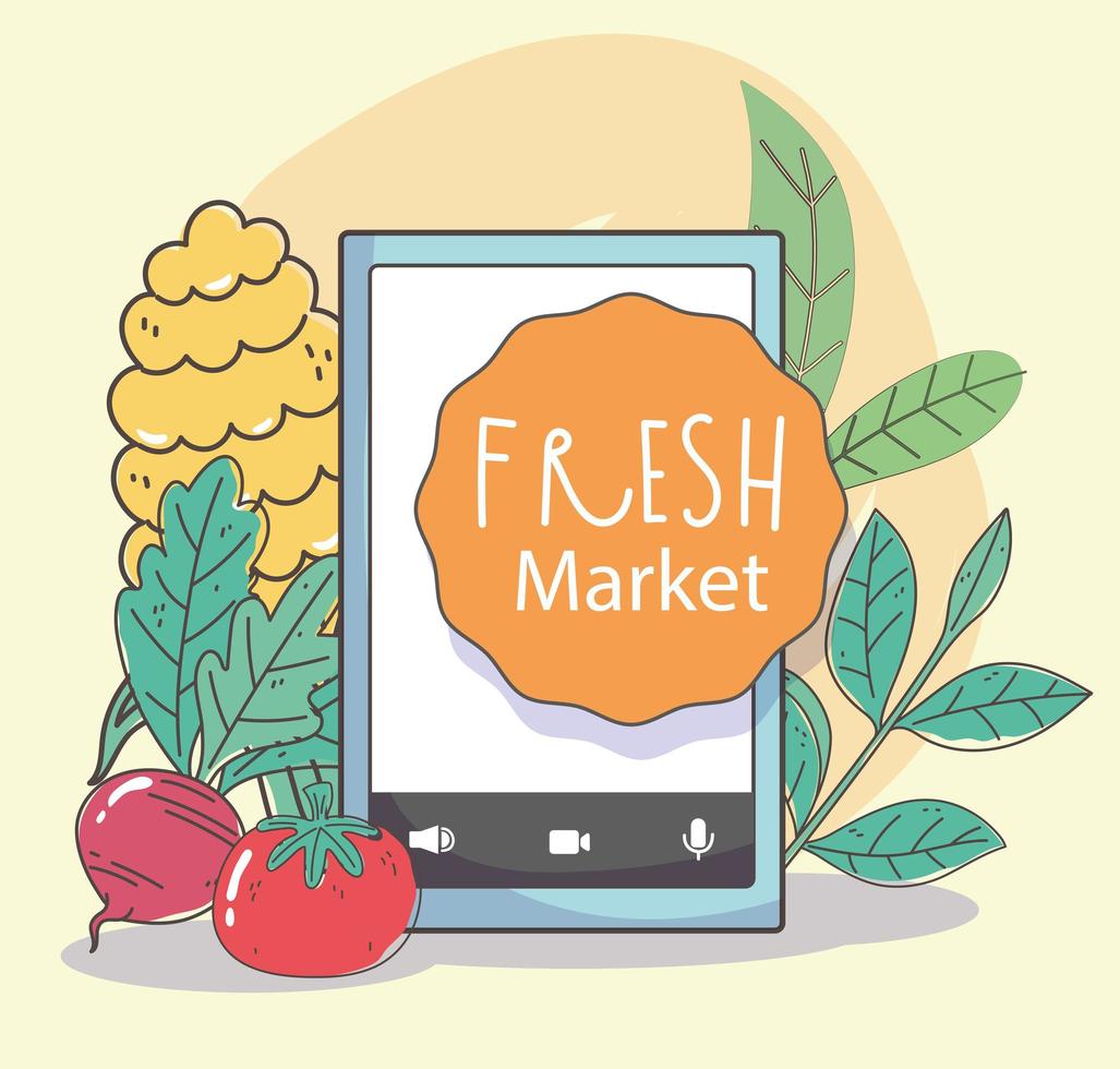 Frischmarkt Smartphone Rüben Ananas Tomate, Bio gesunde Lebensmittel Gemüse und Obst vektor