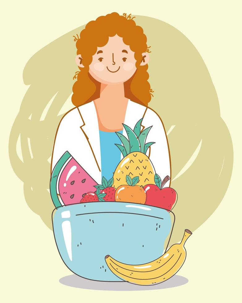 kvinnlig dietist läkare skålen med frukt, färska marknaden organisk hälsosam mat vektor