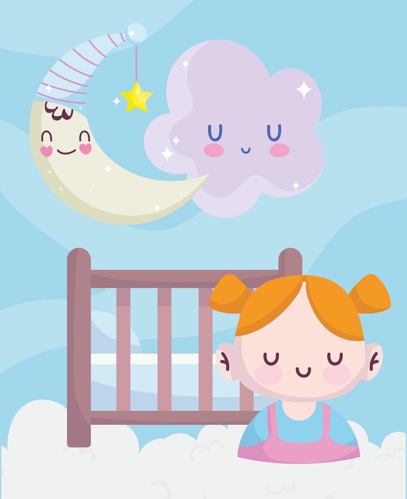 baby shower, liten flicka med spjälsäng måne och moln dekoration, tillkännage nyfödd välkomstkort vektor