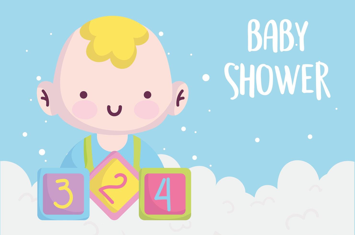 Babyparty, kleiner Junge mit Würfelspielwarenkarikatur, Neugeborenen-Willkommenskarte ankündigen vektor