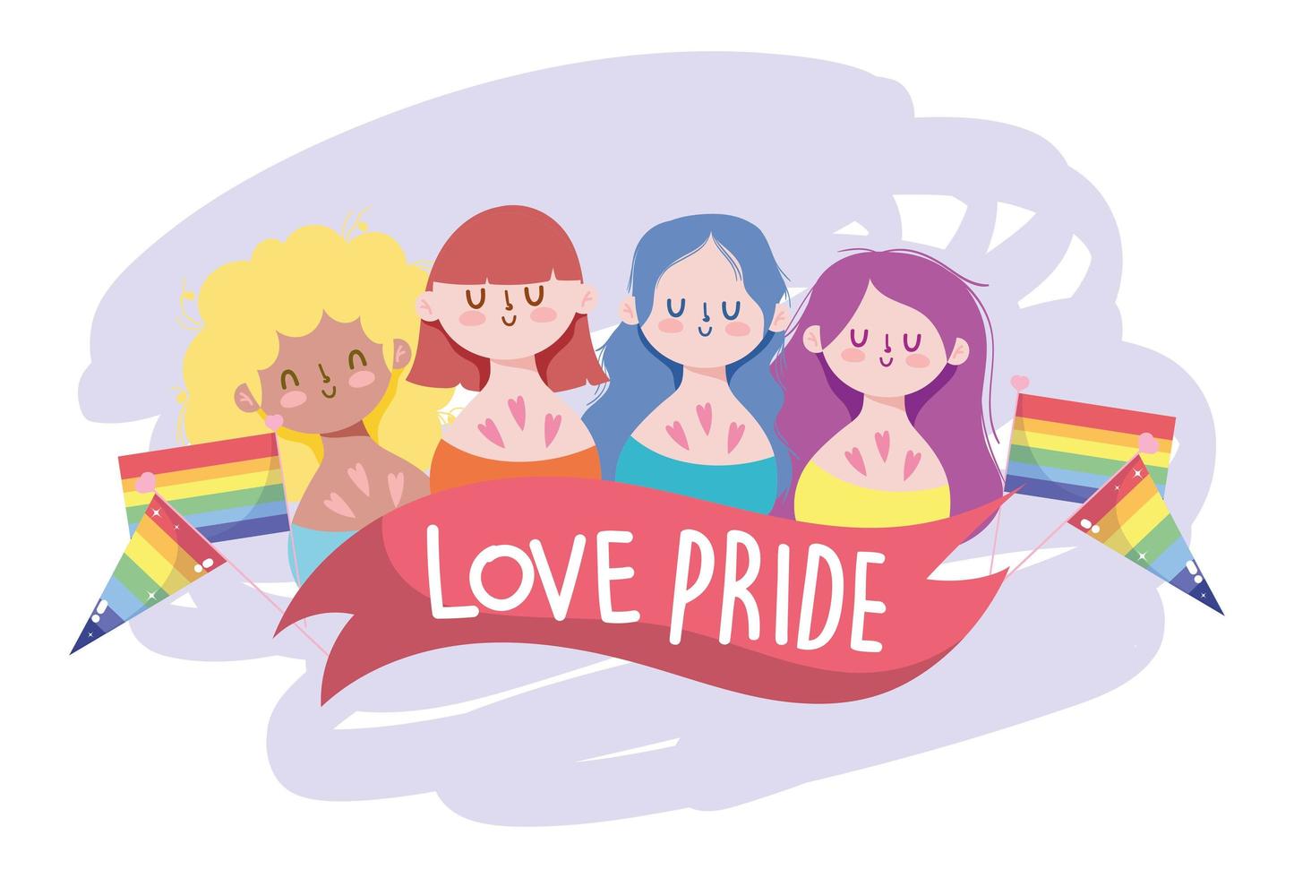 tecknade flickor med lgtbi-flaggor och vektordesign för love pride-band vektor
