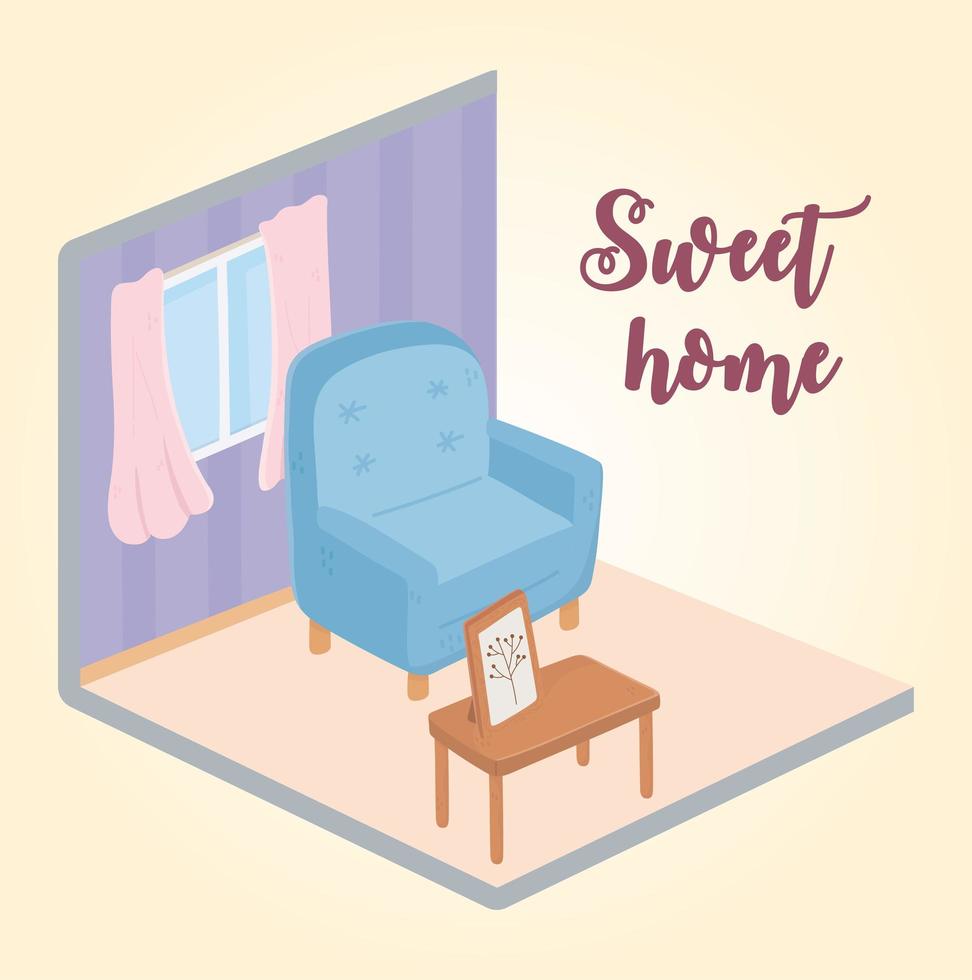 Sweet Home Sessel Tisch mit Bilderrahmen Fenster isometrischem Design vektor