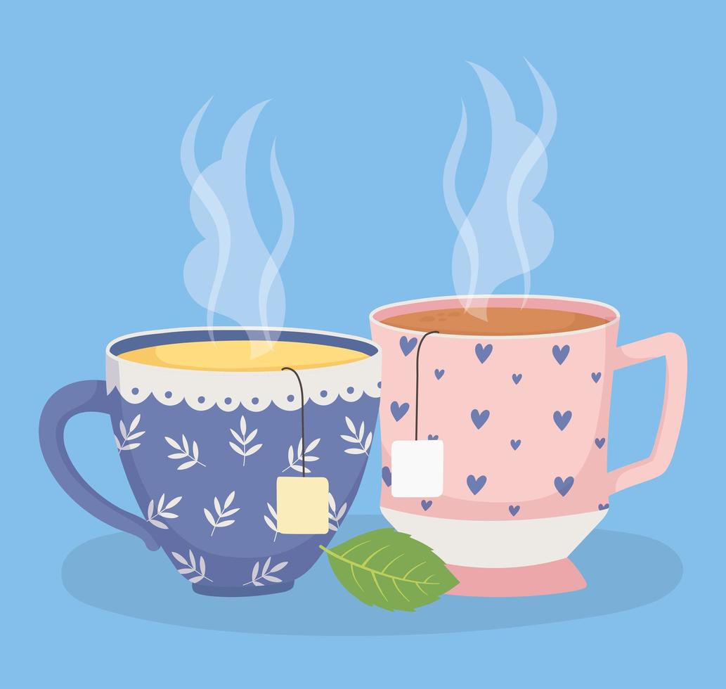 te tid, koppar te med tepåsar örtblad färsk dryck vektor