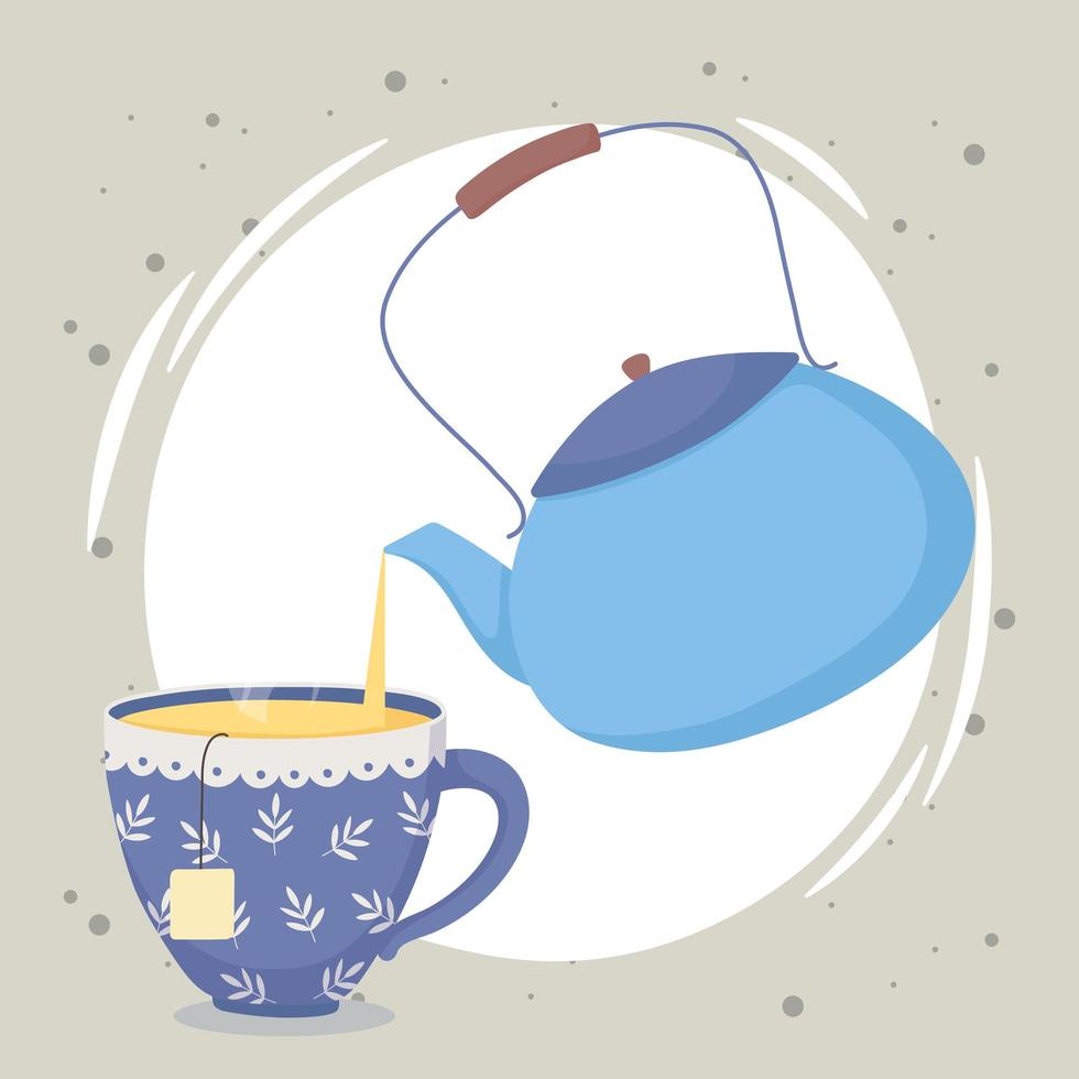 Teezeit, Wasserkocher, der Tee im Tassengetränkedesign gießt vektor