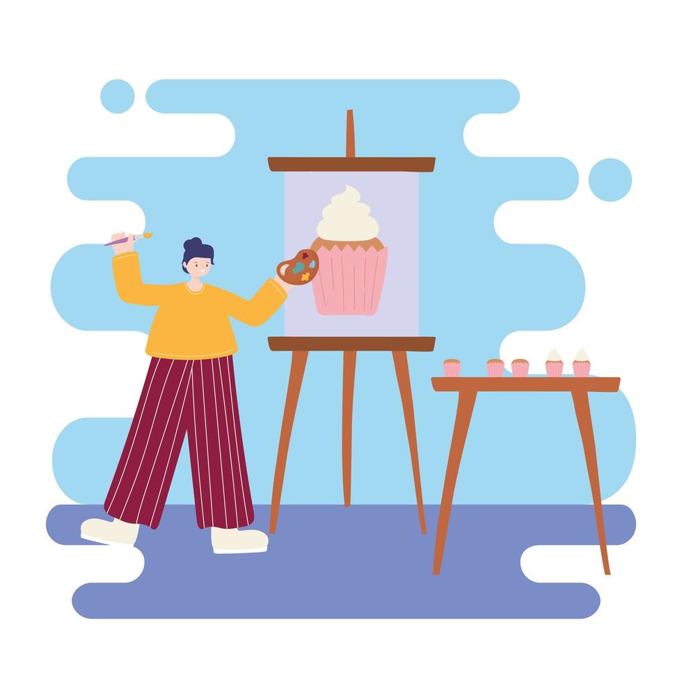 människors aktiviteter, kvinnlig konstnär som ritar på duk cupcake och håller palettfärg och pensel vektor