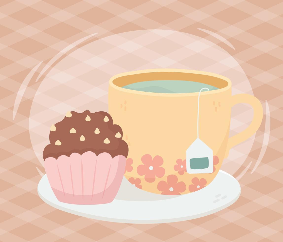 tetid, kopp och söt cupcake i fatdesign vektor
