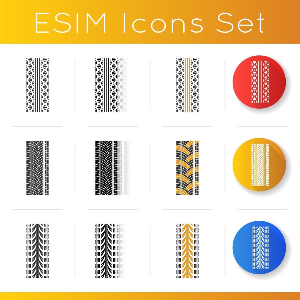 Reifenmuster Symbole gesetzt. detaillierte Auto-, Motorrad-, Fahrradreifenspuren. Auto Sommer- und Winterradspur. Fahrzeugreifenspur. lineare, schwarze und rgb-Farbstile. isolierte vektorillustrationen vektor