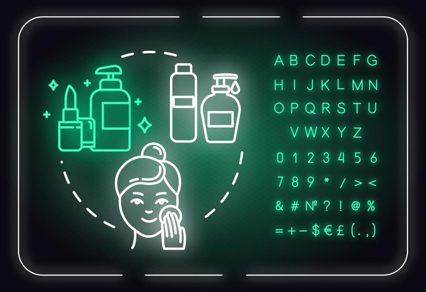 ta bort smink, hudvård, hygienisk procedur neonljuskonceptikon. ansiktsrengöring, reningsidé. yttre glödande tecken med alfabet, siffror och symboler. vektor isolerade rgb färg illustration