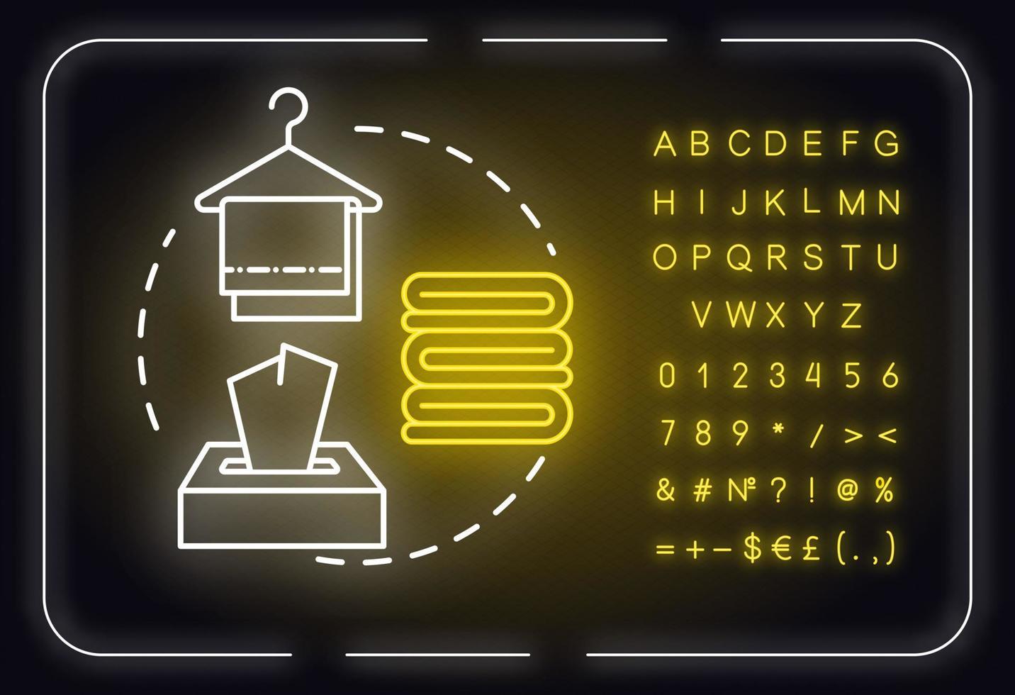 Verwenden Sie Einweghandtücher Neonlicht-Konzept-Symbol. Hautpflege, Reinigungszubehör, Sauberkeitsidee. Äußeres leuchtendes Schild mit Alphabet, Zahlen und Symbolen. vektor isoliert rgb farbillustration