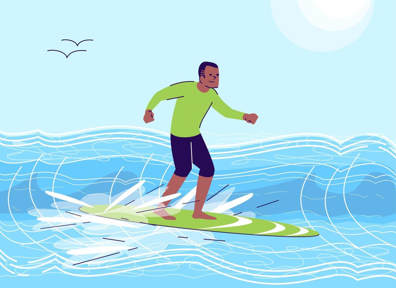 surfing man platt doodle illustration. afroamerikansk kille på surfbrädan. vattenaktivitet. extrema sporter. exotiskt land. indonesien turism 2d seriefigur med konturer för kommersiellt bruk vektor