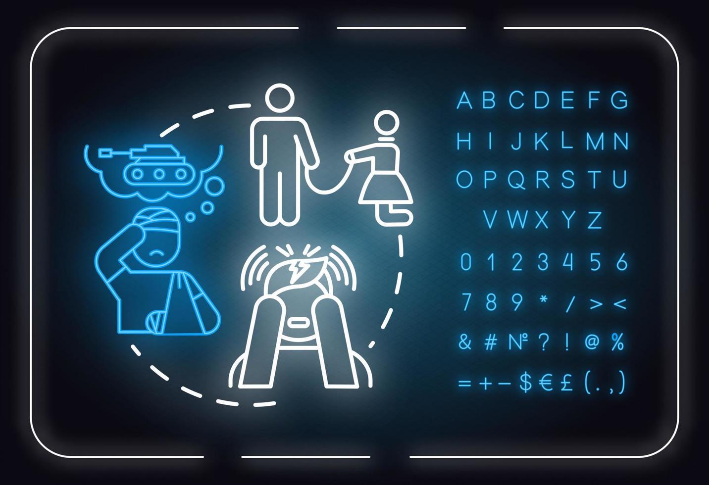 posttraumatisk stress neonljus konceptikon. pkt. traumatisk upplevelse idé tunn linje illustrationidea. yttre glödande tecken med alfabet, siffror och symboler. vektor isolerade rgb färg illustration