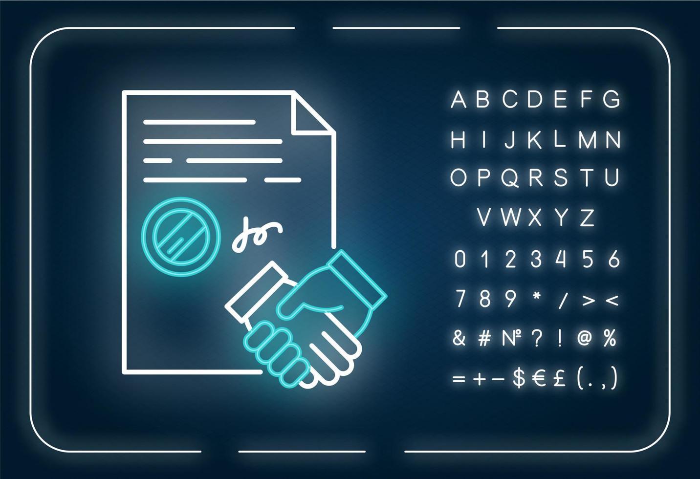 Vertragsabschluss Neonlicht-Symbol. Apostille. rechtliches Übereinkommen. Geschäft. Partnerschaft. äußerer Leuchteffekt. Zeichen mit Alphabet, Zahlen und Symbolen. vektor isoliert rgb farbillustration