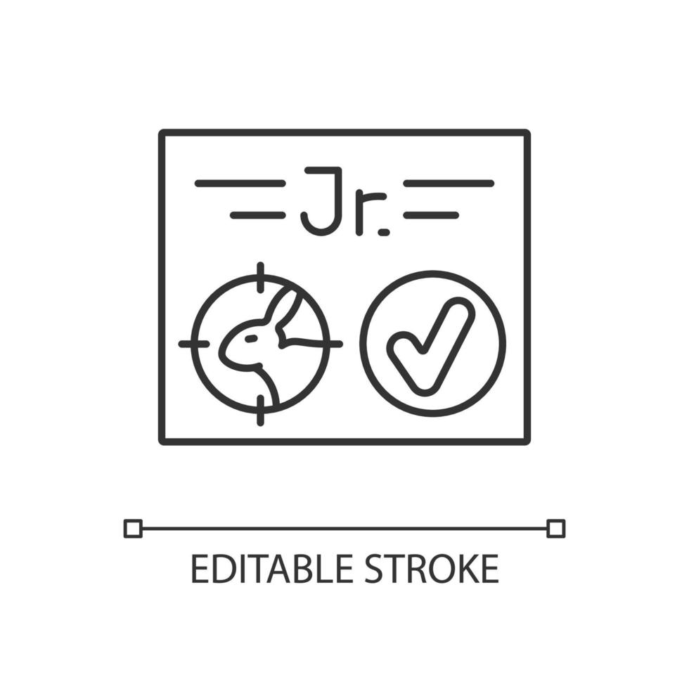 junior jaktlicens linjär ikon. jaga fåglar och djur. jägarkonfirmation för barn. tunn linje anpassningsbar illustration. kontur symbol. vektor isolerade konturritning. redigerbar linje