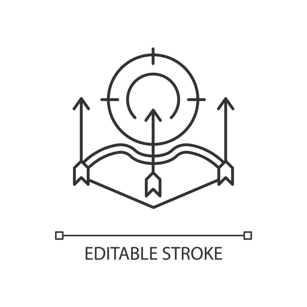 pilbåge jakt linjär ikon. bågjakt. jägare sitter och förföljer djur. Förenad båge. tunn linje anpassningsbar illustration. kontur symbol. vektor isolerade konturritning. redigerbar linje