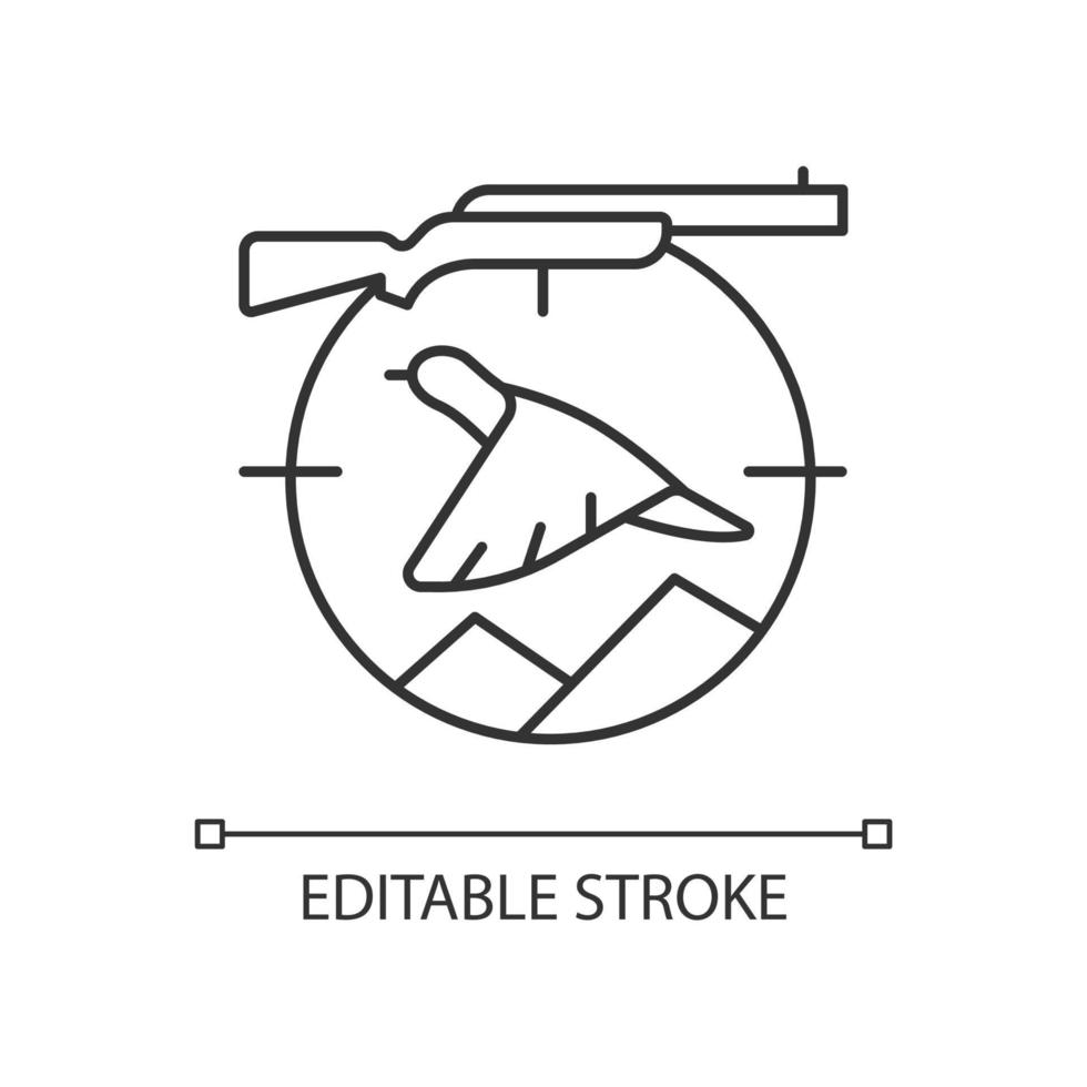 Hochlandjagd lineares Symbol. Flügelschießen. terrestrische Vögel. Landvögel fangen. dünne Linie anpassbare Illustration. Kontursymbol. Vektor isolierte Umrisszeichnung. bearbeitbarer Strich