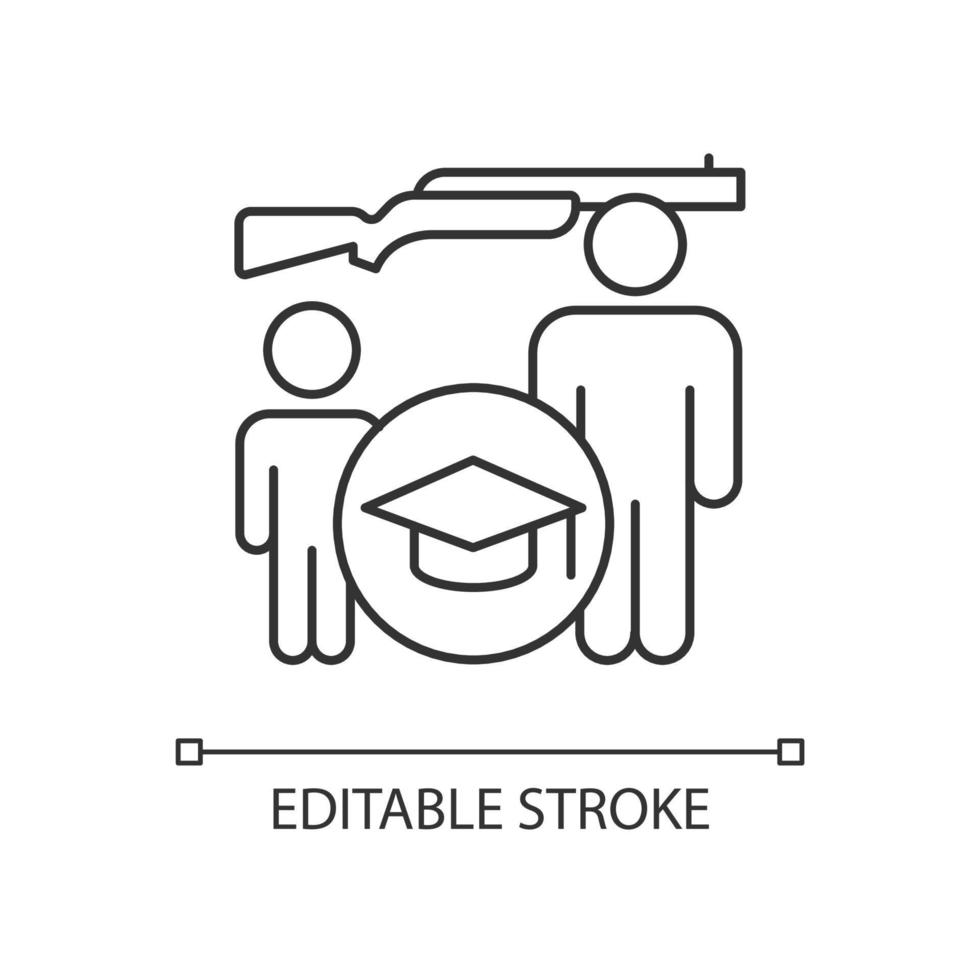 jägare utbildning för barn linjär ikon. junior jaktkurs. barn jagar lärande. säkerhetsregler. tunn linje anpassningsbar illustration. kontur symbol. vektor isolerade konturritning. redigerbar linje