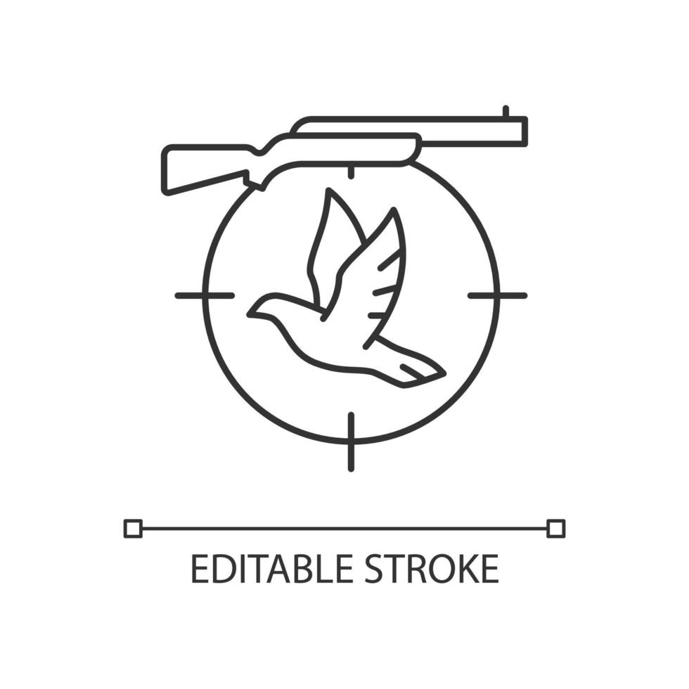 Taubenschießen lineares Symbol. Wettbewerb im Vogelschießen. Rast- und Flugtaubenjagd. dünne Linie anpassbare Illustration. Kontursymbol. Vektor isolierte Umrisszeichnung. bearbeitbarer Strich