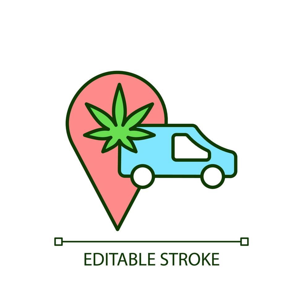 Cannabis-Transport-RGB-Farbsymbol. Vertrieb von medizinischem Marihuana. Legalisierung der Verbreitung von Cannabis. Versand von Waren. isolierte Vektor-Illustration. einfache gefüllte Strichzeichnung. bearbeitbarer Strich vektor
