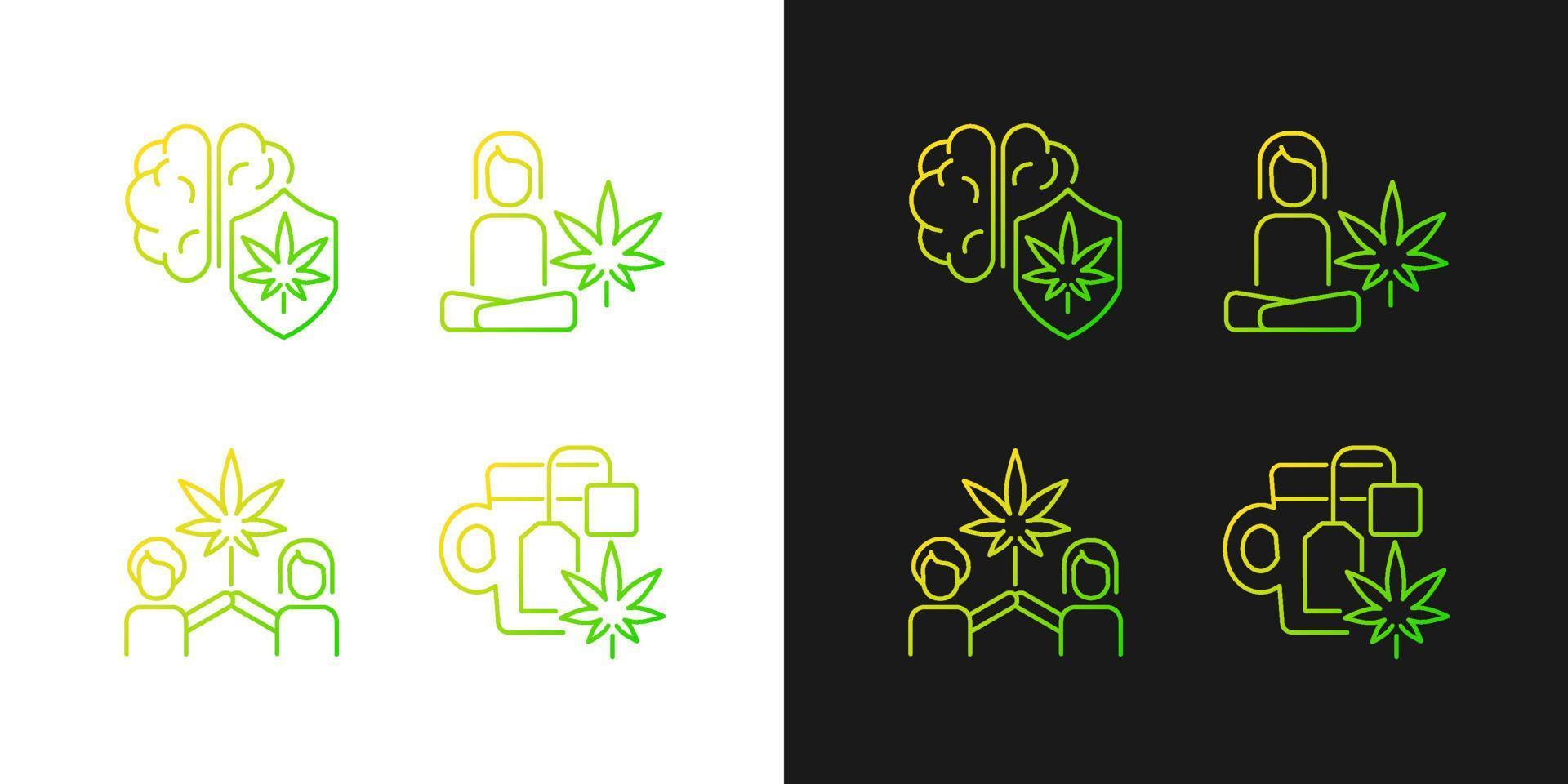 Gradientensymbole für Cannabis und psychische Gesundheit für den dunklen und hellen Modus. Marihuana-Gehirnschutz. dünne Linie Kontursymbole bündeln. isolierte Vektor-Umriss-Illustrationen-Sammlung auf Schwarz und Weiß vektor