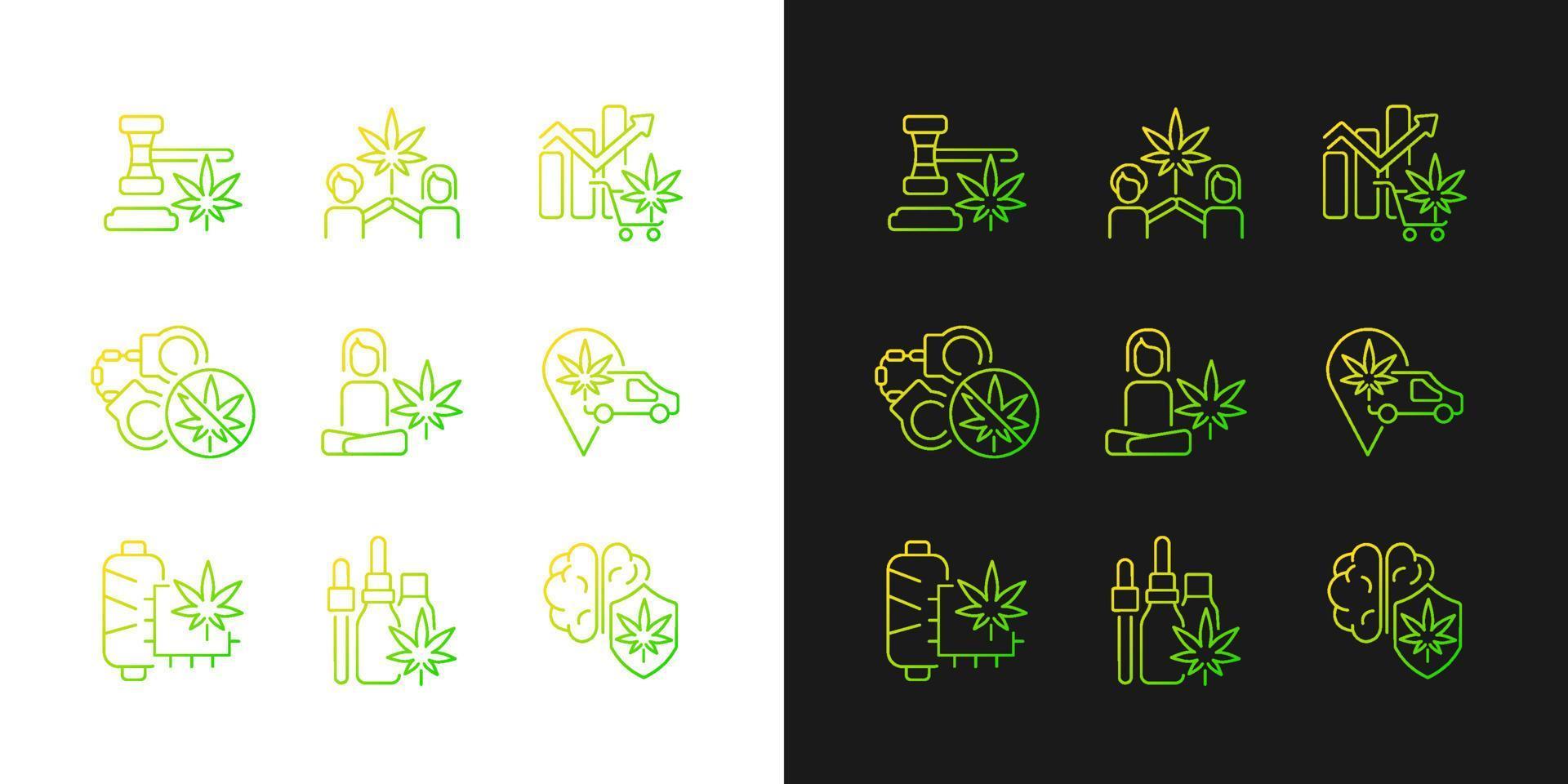 Marihuana-Pflanze verwenden Farbverlaufssymbole für den dunklen und hellen Modus. Cannabis-Gesetze. Pflanzenheilkunde. dünne Linie Kontursymbole bündeln. isolierte Vektor-Umriss-Illustrationen-Sammlung auf Schwarz und Weiß vektor