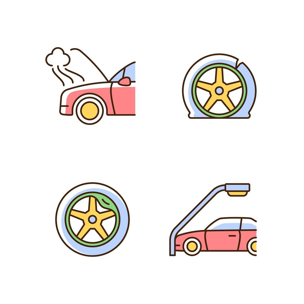 Fahrzeugschaden bei Autounfällen RGB-Farbsymbole gesetzt. mechanischer Ausfall. Autoreifen defekt. Kollision mit Laternenpfahl. isolierte Vektorillustrationen. einfache gefüllte Strichzeichnungen-Sammlung vektor