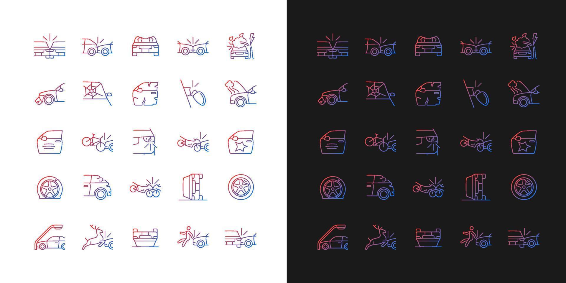 Autounfalltypen Farbverlaufssymbole für den dunklen und hellen Modus. Verkehrsunfälle. dünne Linie Kontursymbole bündeln. isolierte Vektor-Umriss-Illustrationen-Sammlung auf Schwarz und Weiß vektor