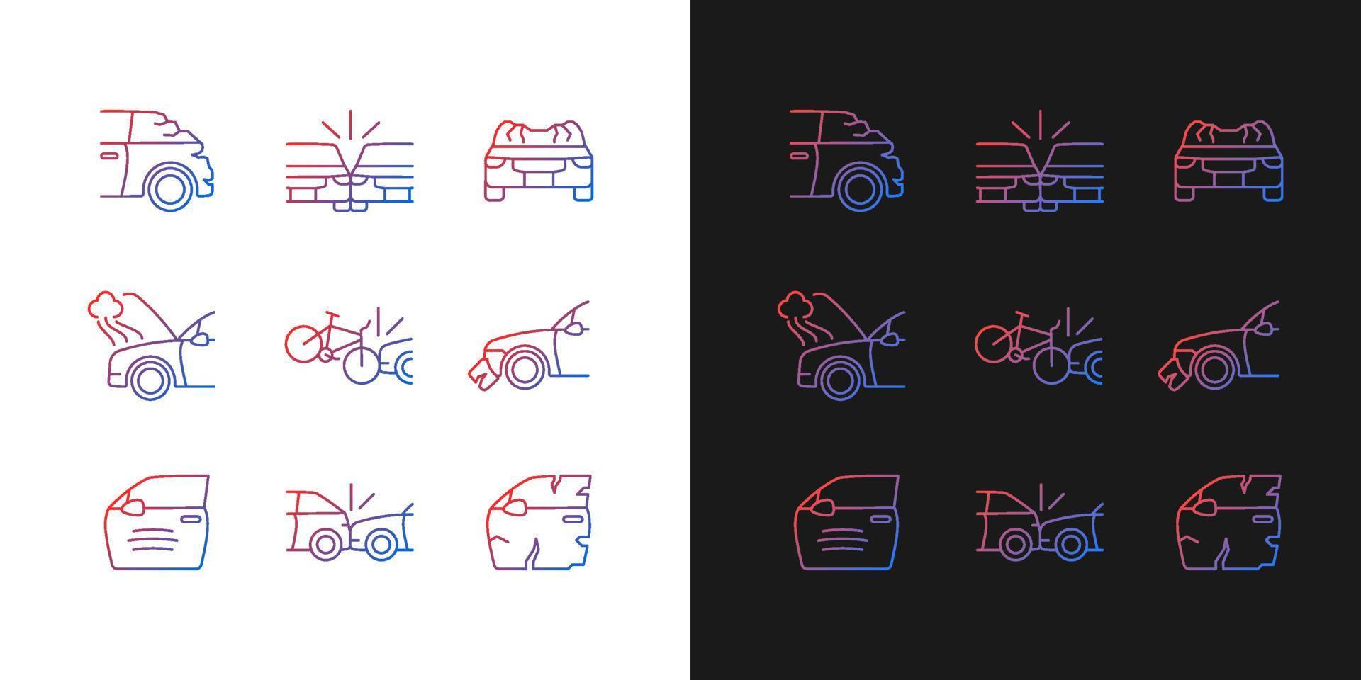 Gradientensymbole für Verkehrsunfälle für den dunklen und hellen Modus. Auto beschädigte Karosserieteile. dünne Linie Kontursymbole bündeln. isolierte Vektor-Umriss-Illustrationen-Sammlung auf Schwarz und Weiß vektor