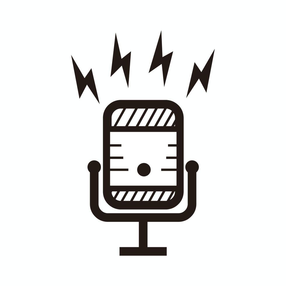 Jahrgang Silhouette Mikrofon mit Blitz Zeichen zum Übertragung oder Podcast Logo oder Symbol vektor