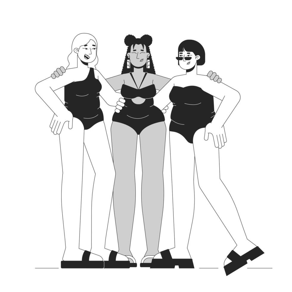 gemischtrassig kurvig Frauen Beste freunde schwarz und Weiß 2d Linie Karikatur Figuren. glücklich fettleibig Frauen im Badeanzüge isoliert Gliederung Personen. Körper positiv monochromatisch eben Stelle Illustration vektor