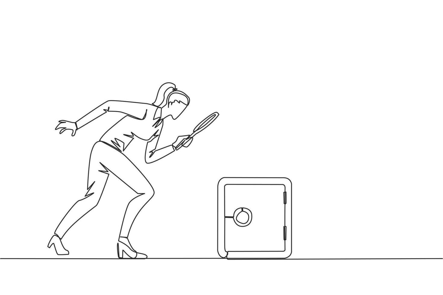 kontinuerlig ett linje teckning av affärskvinna innehav förstorande glas se på säker deposition låda. upptäckt för de bäst plats av skydd till spara Viktig data. enda linje design illustration vektor
