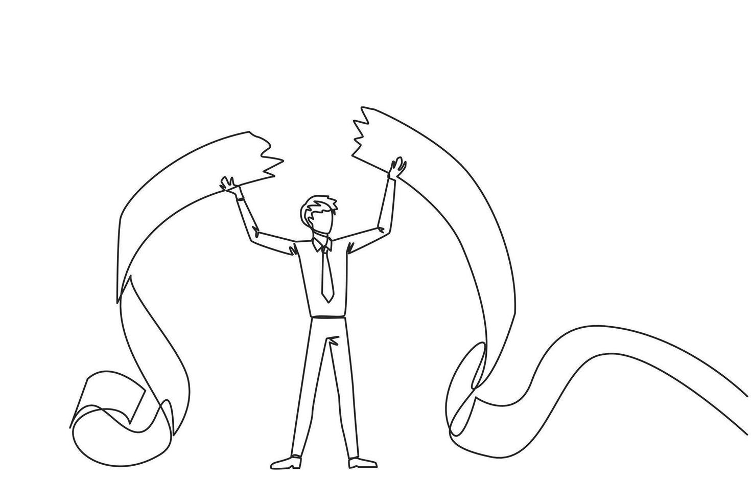 enda ett linje teckning av affärsman stod upp och slet av fakturering papper dinglande till de golv hölls ovan hans huvud. brist till betala räkningar gör en affärsman full av känslor. kontinuerlig linje design vektor
