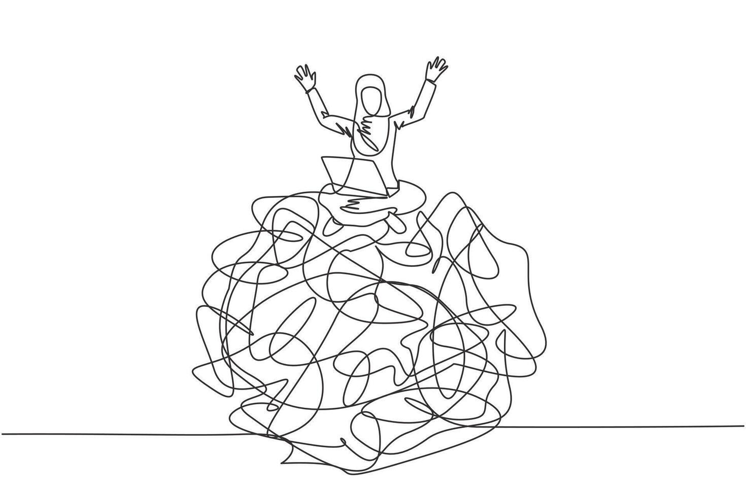 kontinuerlig ett linje teckning arab affärskvinna Sammanträde på en jätte tilltrasslad cirkel sätta bärbar dator på henne låren. höjning både händer som överlämna tecken. företag flop. enda linje dra illustration vektor