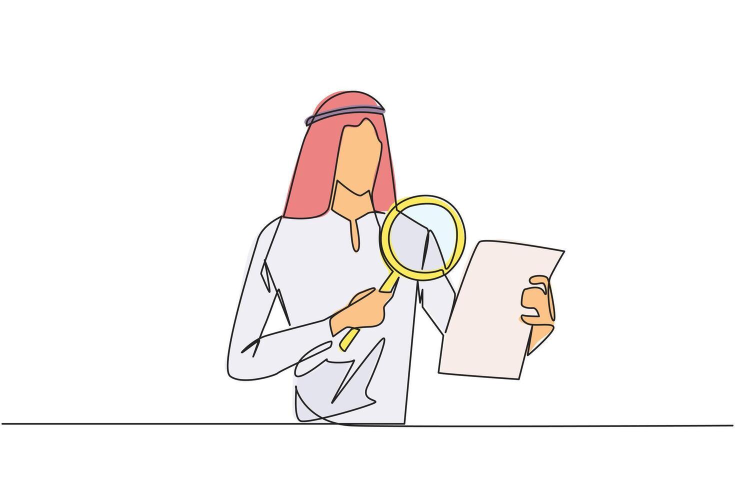 kontinuierlich einer Linie Zeichnung arabisch Geschäftsmann hält Stück von Papier und prüft es mit ein Lupe. Geschäftsmann Arbeit mit Forschung Analytik und Statistik. Single Linie zeichnen Design Illustration vektor