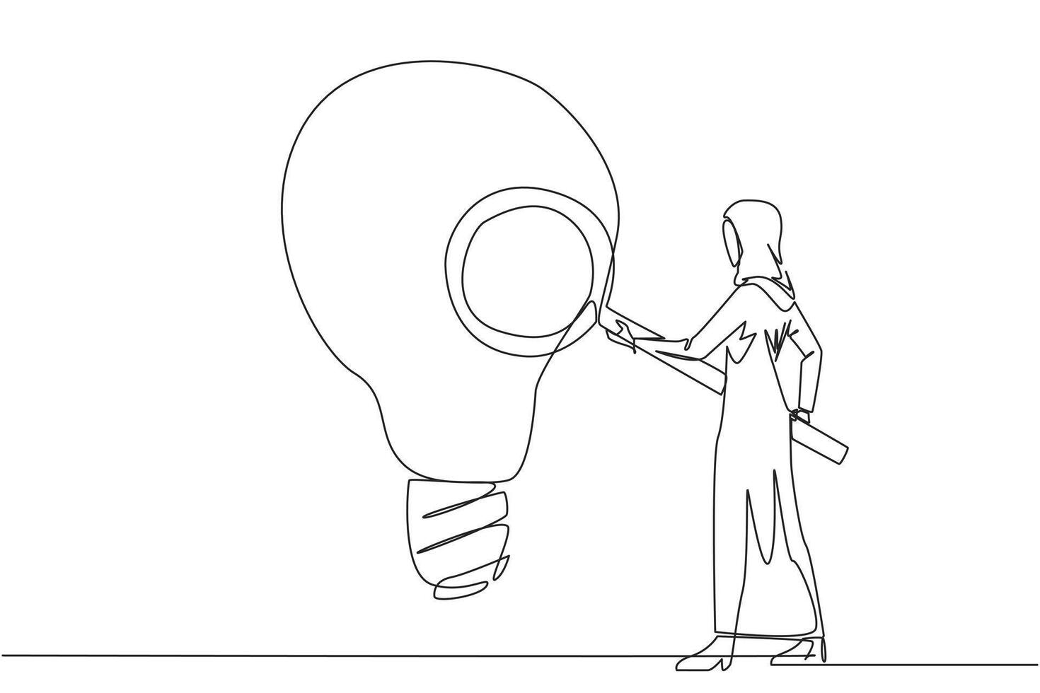 Single einer Linie Zeichnung arabisch Geschäftsfrau stand auf halten Lupe und inspiziert groß die Glühbirne. Geschäftsfrau sind suchen zum Neu Ideen, frisch Ideen und Innovation. kontinuierlich Linie Design Grafik vektor