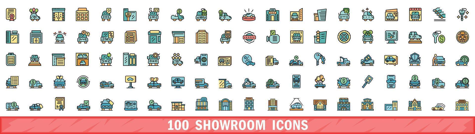 100 utställningslokal ikoner uppsättning, Färg linje stil vektor