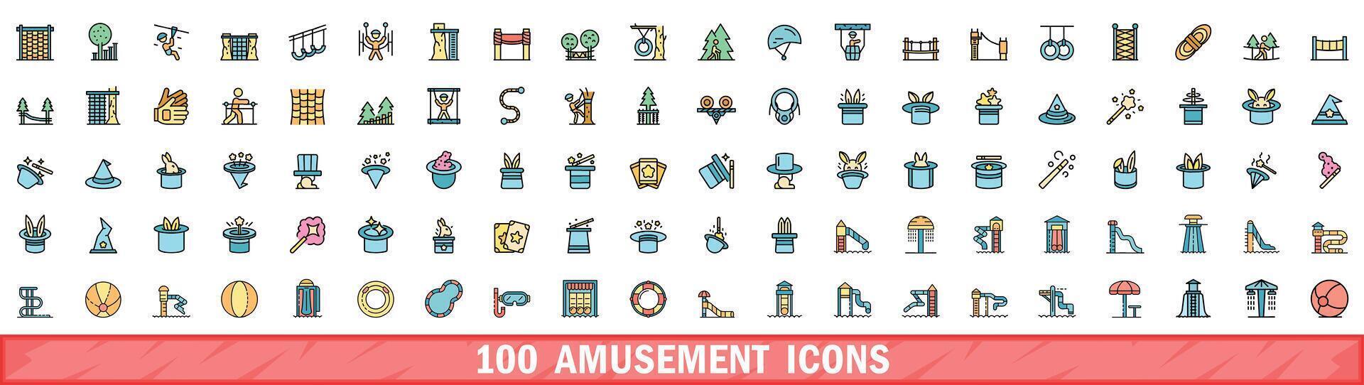 100 nöje ikoner uppsättning, Färg linje stil vektor