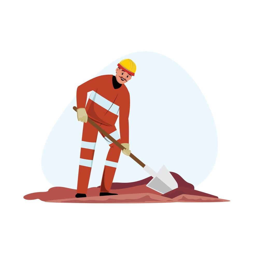 Illustration von ein Arbeiter im schützend Helm und Uniform graben im das Boden vektor