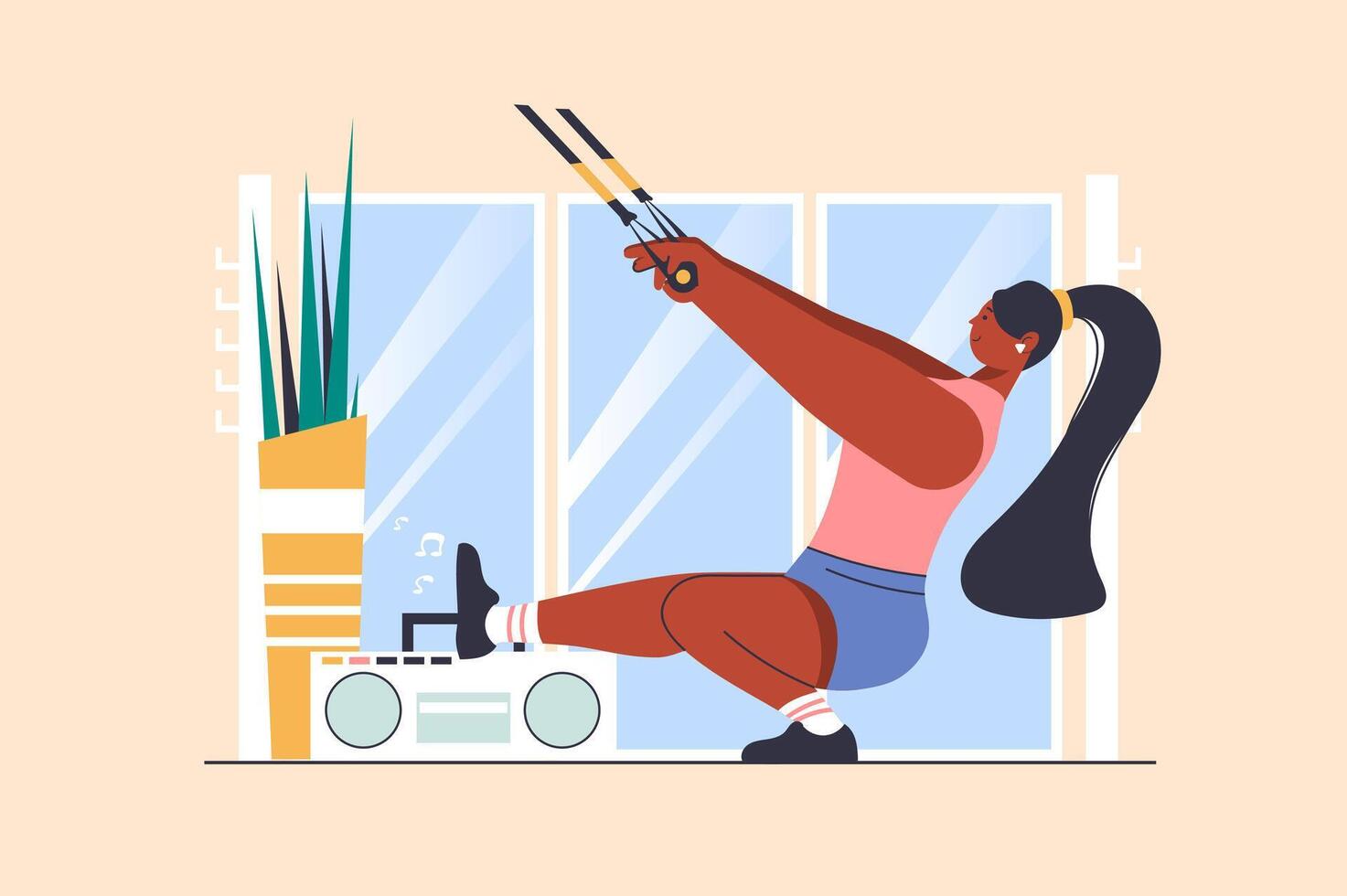 trx Ausbildung Konzept mit Menschen Szene im eben Design. Frau Herstellung Fitness Stärke Ausbildung trainieren und tun gesamt Widerstand Übung beim Fitnessstudio. Illustration mit Charakter Situation zum Netz vektor