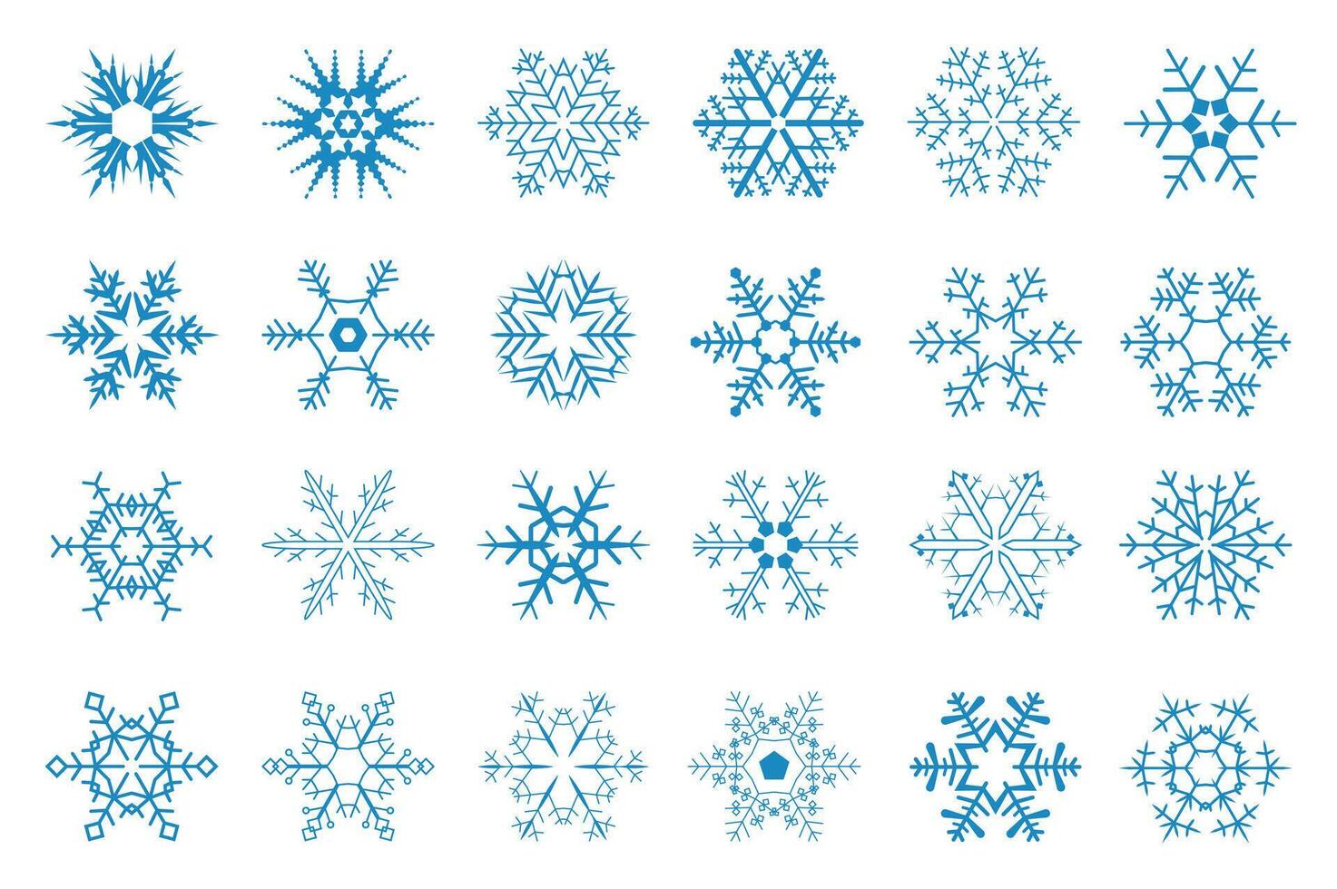 Schneeflocken isoliert Grafik Elemente einstellen im eben Design. bündeln von Blau Schneeflocken im anders Formen, gefroren geometrisch Ornament Symbole zum Neu Jahr und Weihnachten Winter Dekor. Illustration. vektor