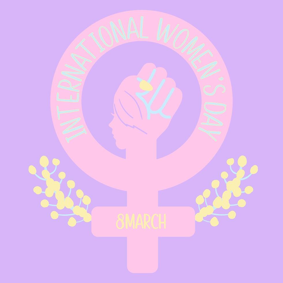 färgrik internationell kvinnor dag med näve symboler och mimosa blomma vektor