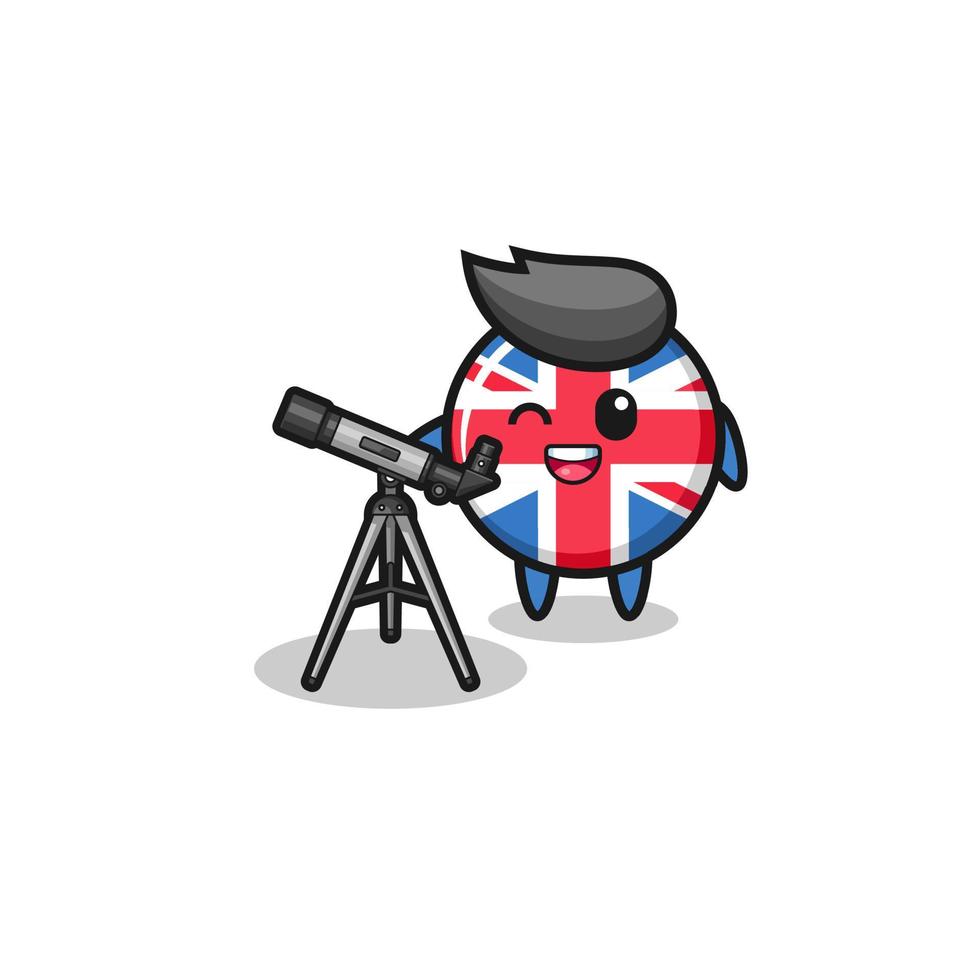 Großbritannien-Flagge Astronomen-Maskottchen mit einem modernen Teleskop vektor